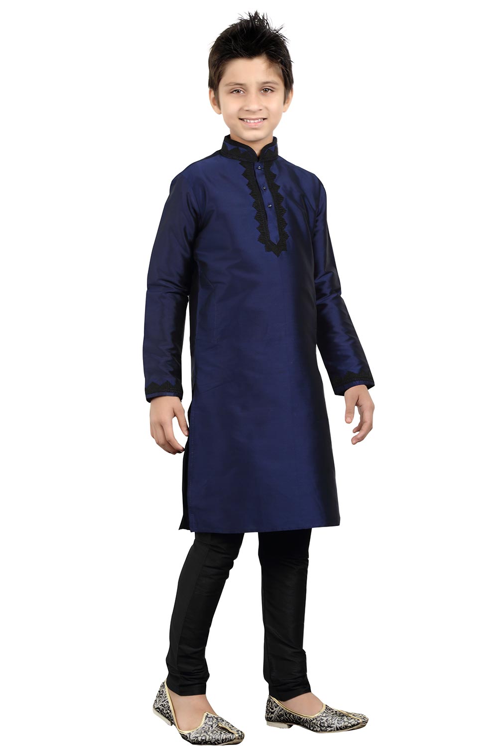 Boys Navy Blue Silk Neck Embroidered Kurta Pajama Set