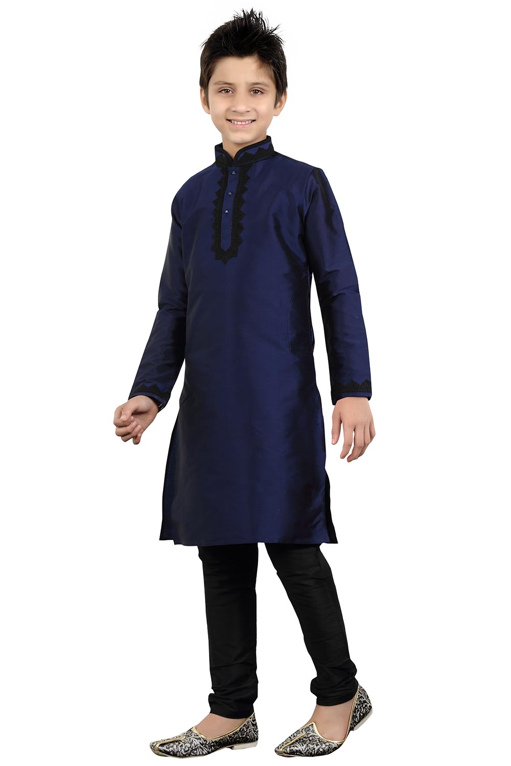 Boys Navy Blue Silk Neck Embroidered Kurta Pajama Set