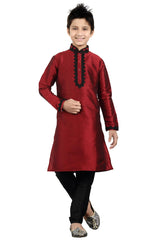 Boys Maroon Silk Neck Embroidered Kurta Pajama Set