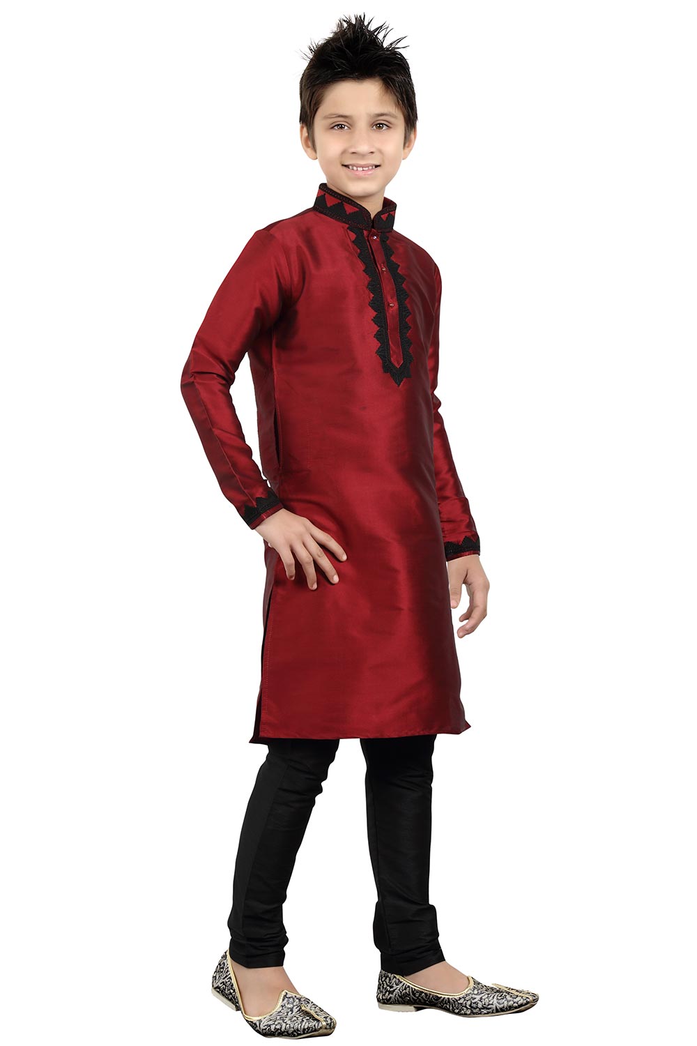 Boys Maroon Silk Neck Embroidered Kurta Pajama Set