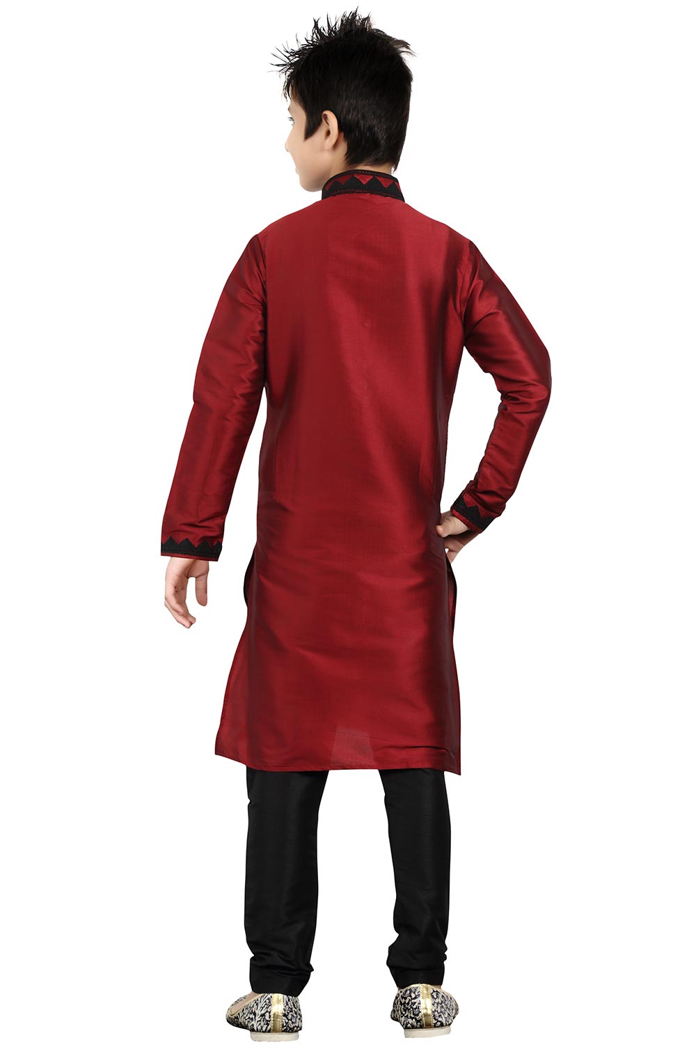 Boys Maroon Silk Neck Embroidered Kurta Pajama Set