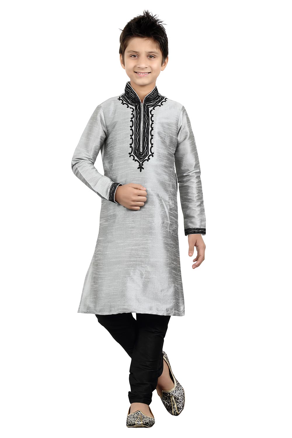 Boys Gray Silk Neck Embroidered Kurta Pajama Set