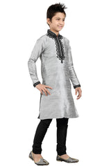 Boys Gray Silk Neck Embroidered Kurta Pajama Set