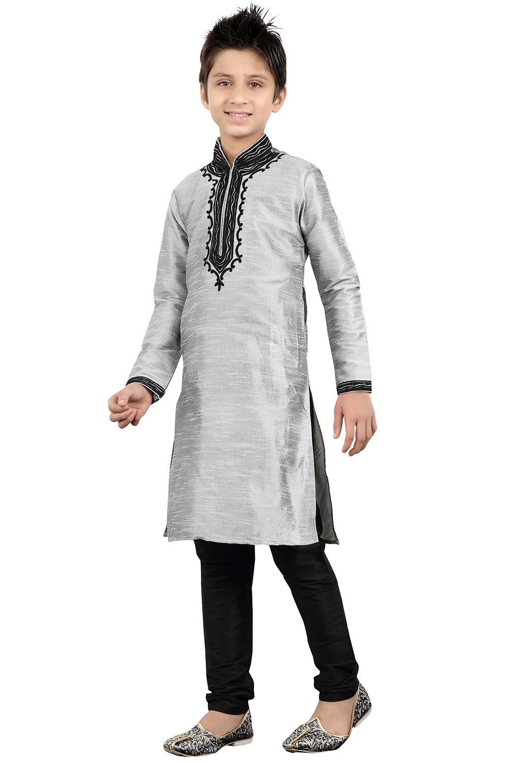 Boys Gray Silk Neck Embroidered Kurta Pajama Set