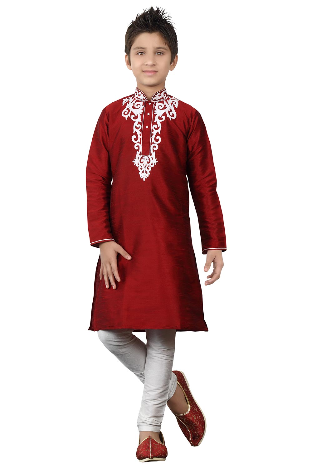 Boys Maroon Silk Neck Embroidered Kurta Pajama Set