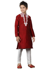 Boys Maroon Silk Neck Embroidered Kurta Pajama Set