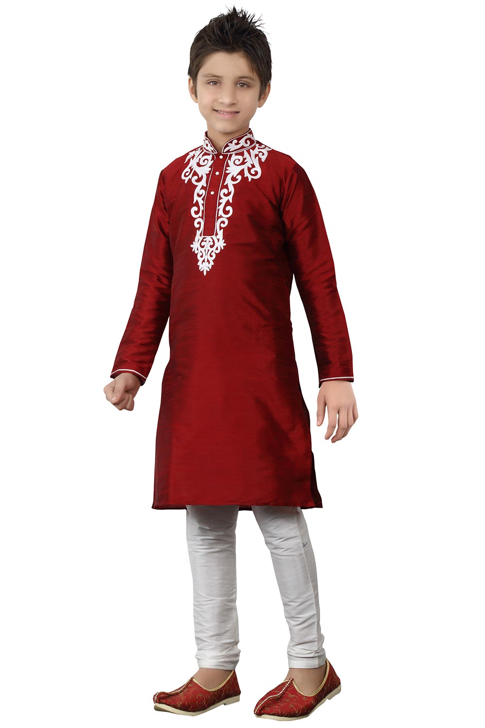 Boys Maroon Silk Neck Embroidered Kurta Pajama Set