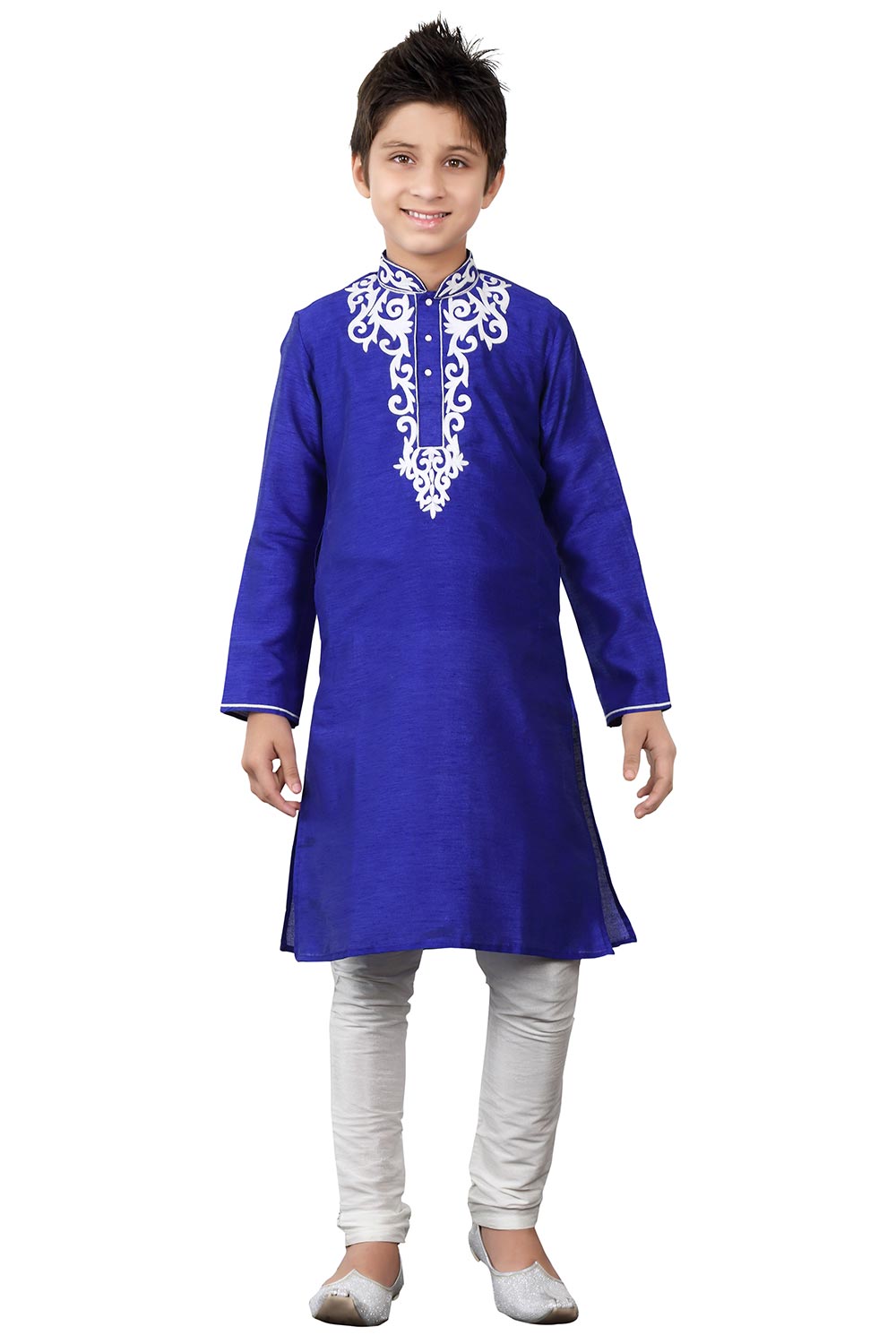 Boys Navy Blue Silk Neck Embroidered Kurta Pajama Set