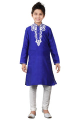 Boys Navy Blue Silk Neck Embroidered Kurta Pajama Set