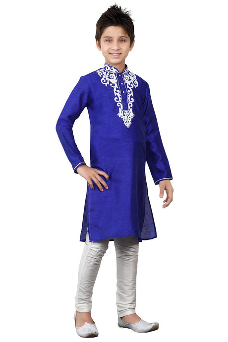 Boys Navy Blue Silk Neck Embroidered Kurta Pajama Set