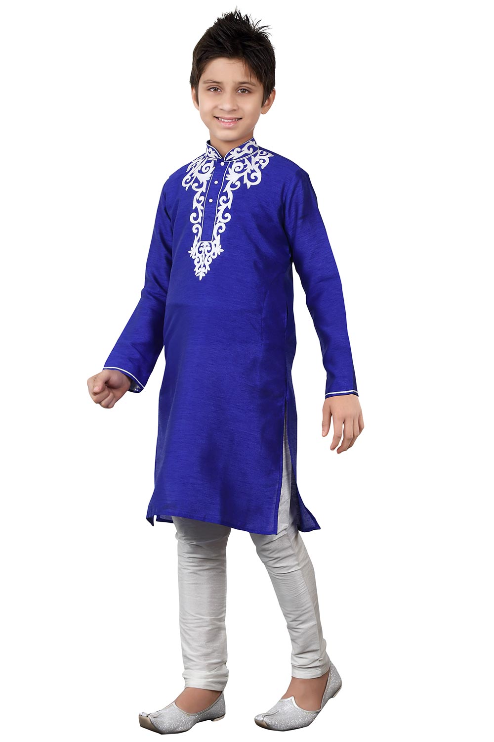 Boys Navy Blue Silk Neck Embroidered Kurta Pajama Set