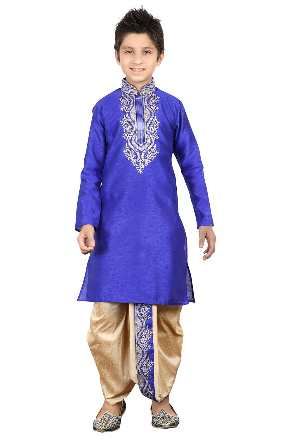 Boys Navy Blue Silk Neck Embroidered Kurta Pajama Set