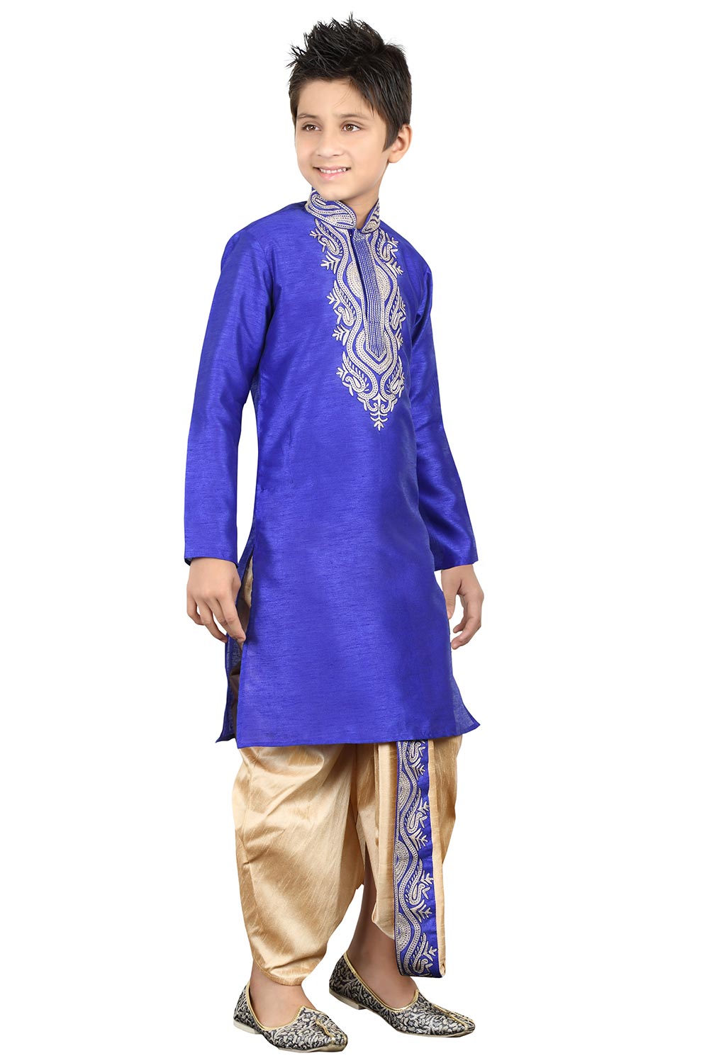 Boys Navy Blue Silk Neck Embroidered Kurta Pajama Set