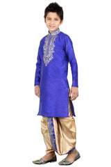 Boys Navy Blue Silk Neck Embroidered Kurta Pajama Set