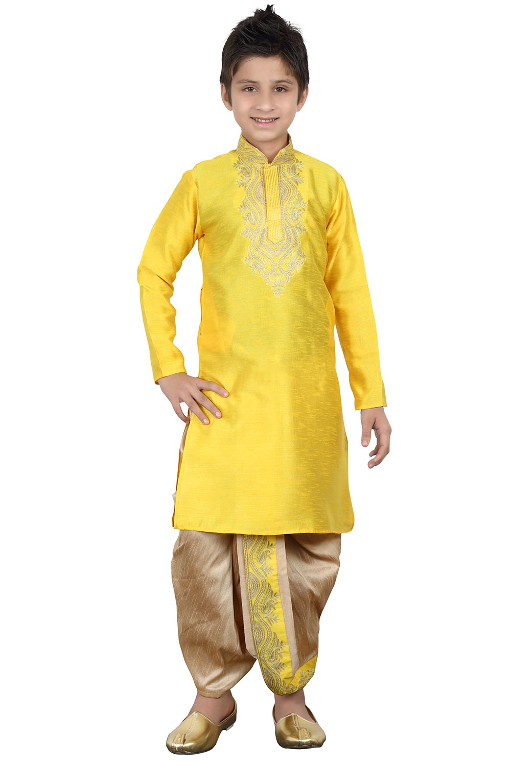 Boys Yellow Silk Neck Embroidered Kurta Pajama Set