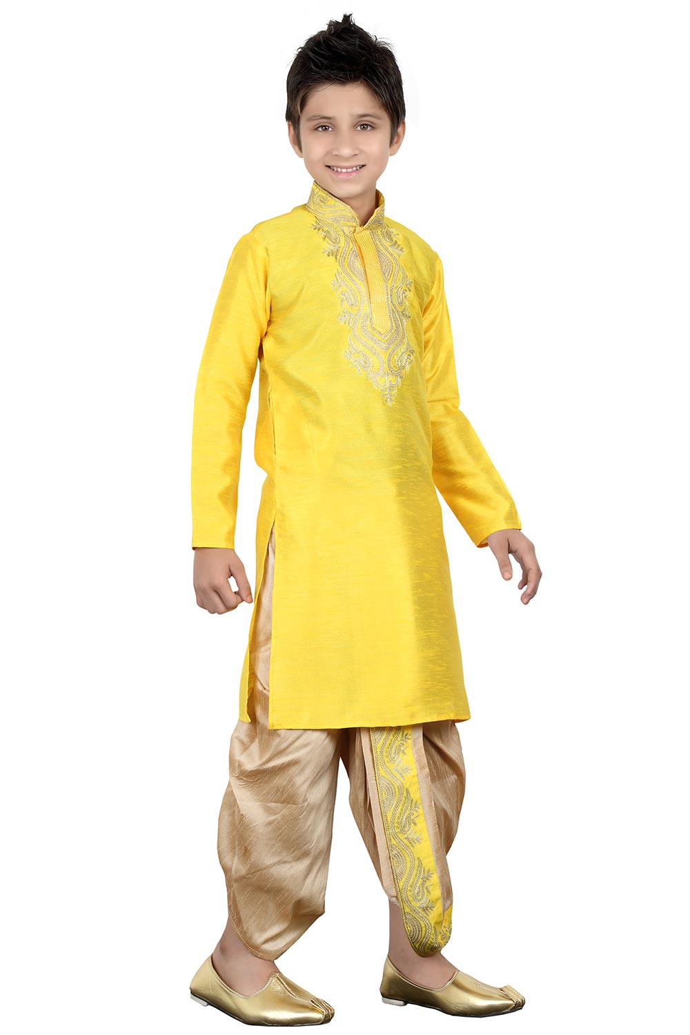 Boys Yellow Silk Neck Embroidered Kurta Pajama Set