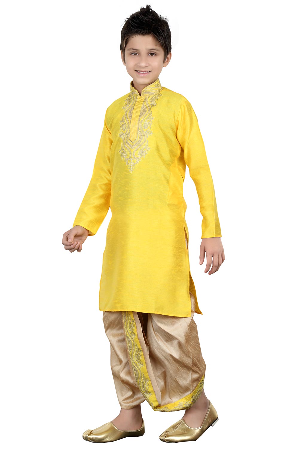 Boys Yellow Silk Neck Embroidered Kurta Pajama Set