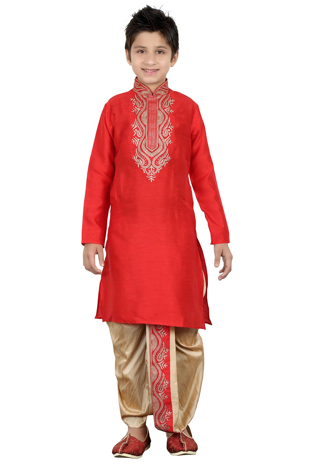 Boys Red Silk Neck Embroidered Kurta Pajama Set