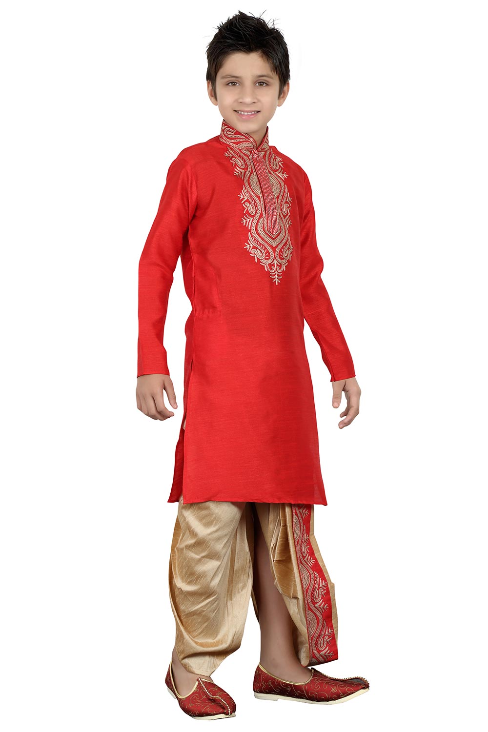 Boys Red Silk Neck Embroidered Kurta Pajama Set