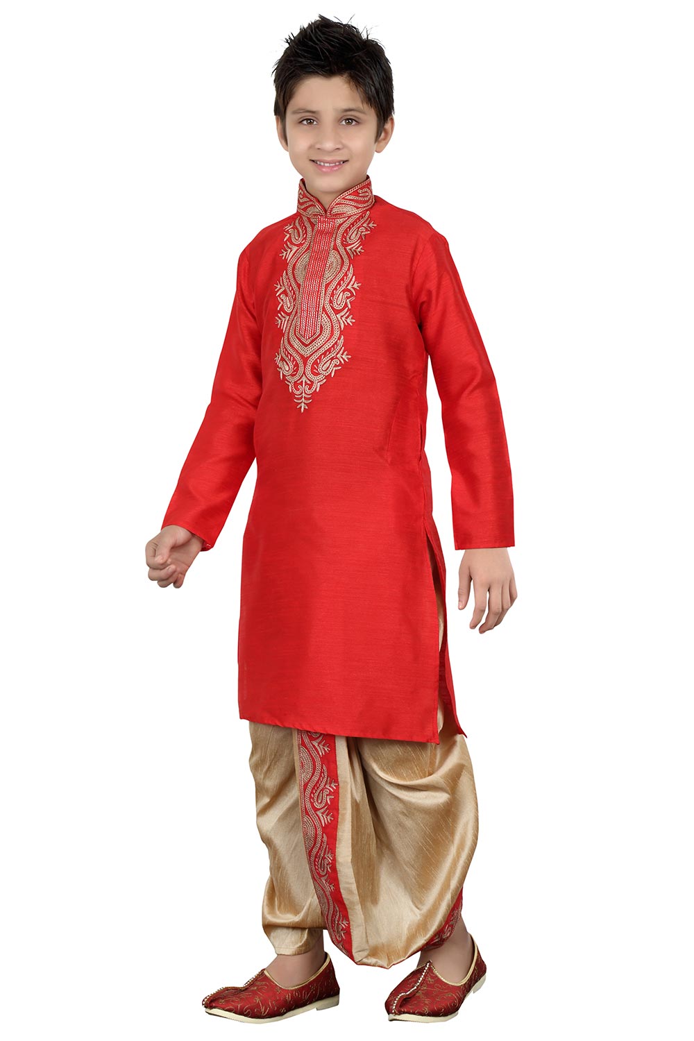 Boys Red Silk Neck Embroidered Kurta Pajama Set