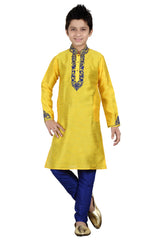 Boys Yellow Silk Neck Embroidered Kurta Pajama Set