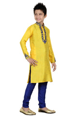 Boys Yellow Silk Neck Embroidered Kurta Pajama Set