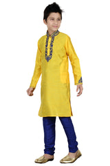 Boys Yellow Silk Neck Embroidered Kurta Pajama Set