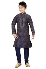 Boys Navy Blue Silk Foil Print And Thread Embroidered Kurta Pajama Set