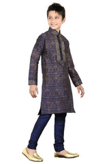 Boys Navy Blue Silk Foil Print And Thread Embroidered Kurta Pajama Set