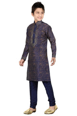 Boys Navy Blue Silk Foil Print And Thread Embroidered Kurta Pajama Set