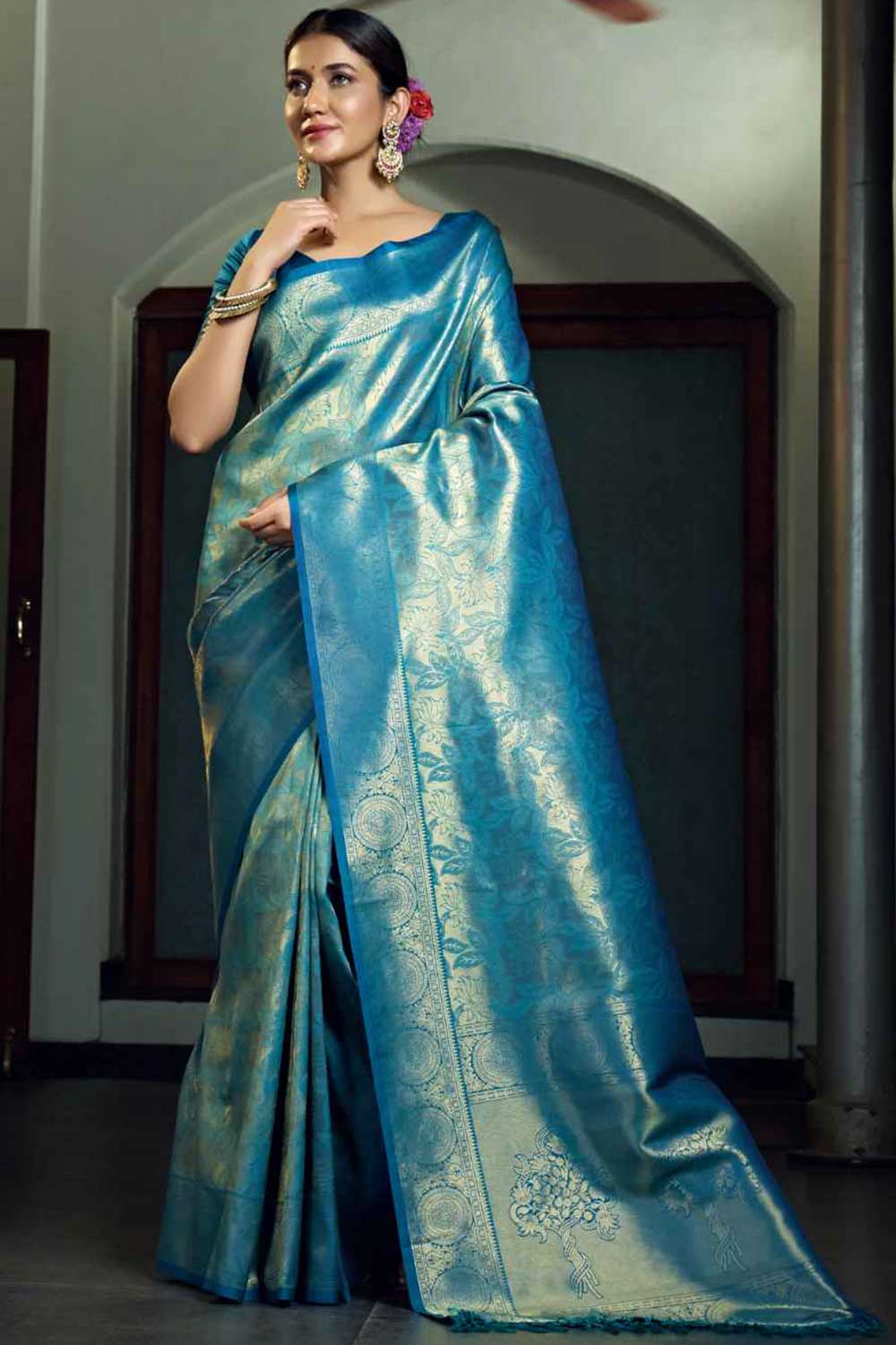 Blue Art Silk Zari Saree