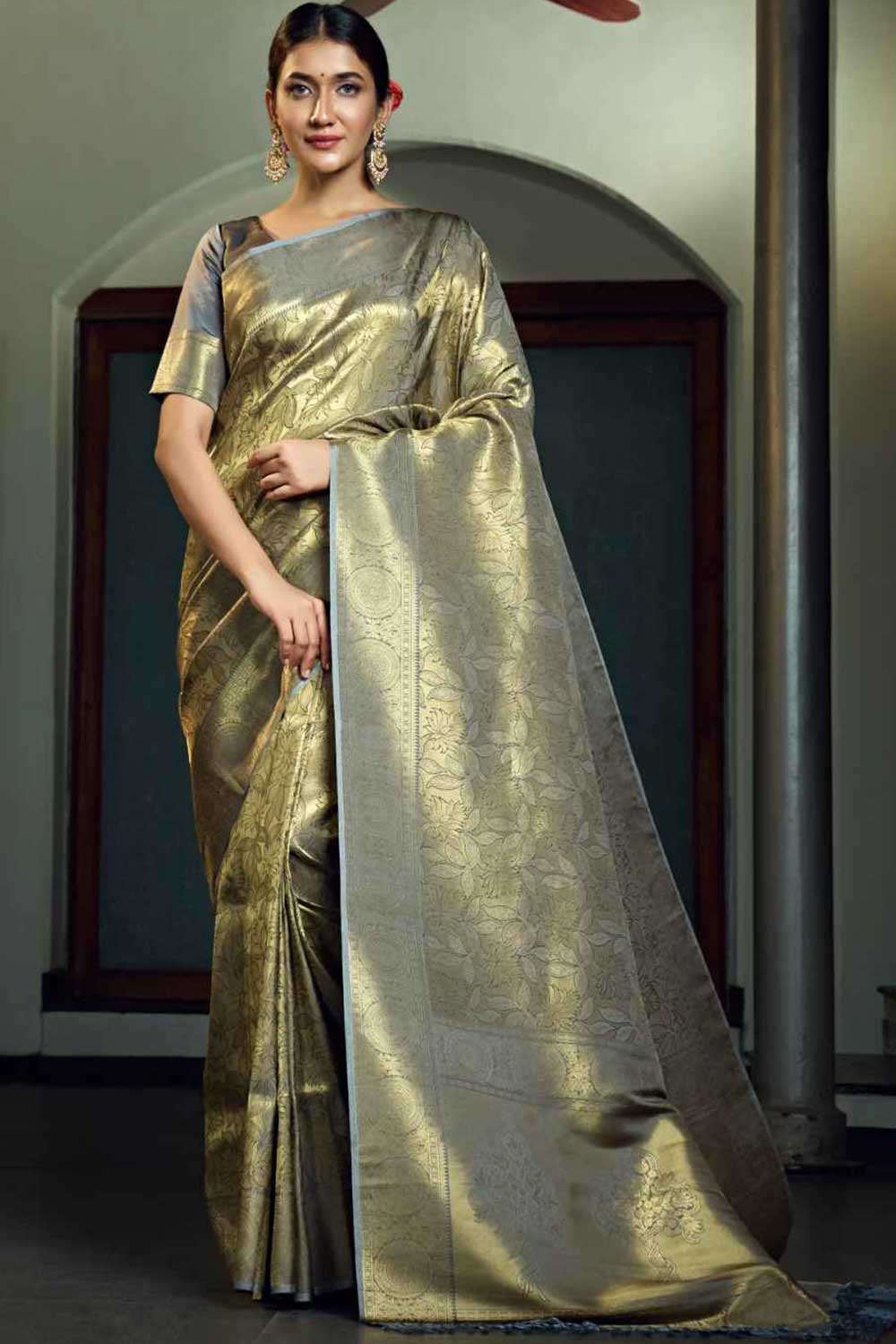 Grey Art Silk Zari Saree