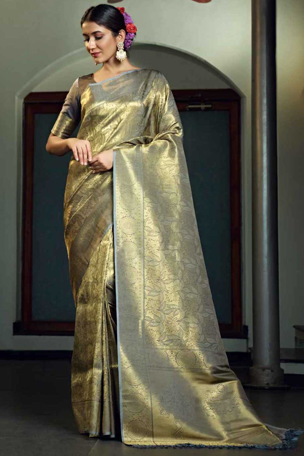 Grey Art Silk Zari Saree