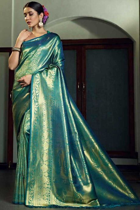 Teal Blue Art Silk Zari Saree