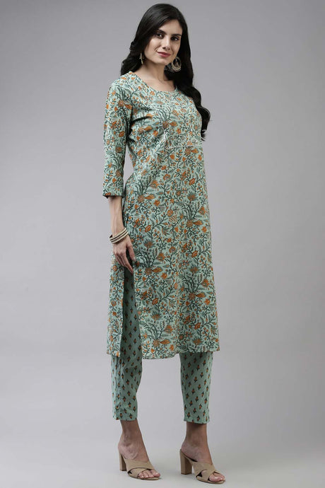 Sea Green Pure Cotton Zari And Sequence And Bijia Lace Pant Suit Set