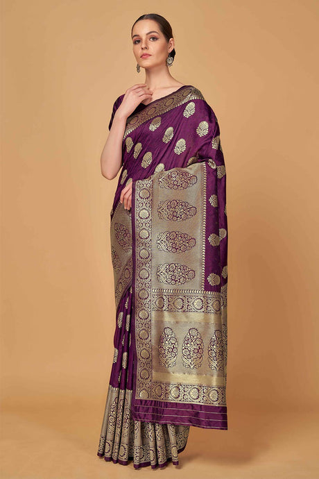 Wine Banarasi Silk woven Saree