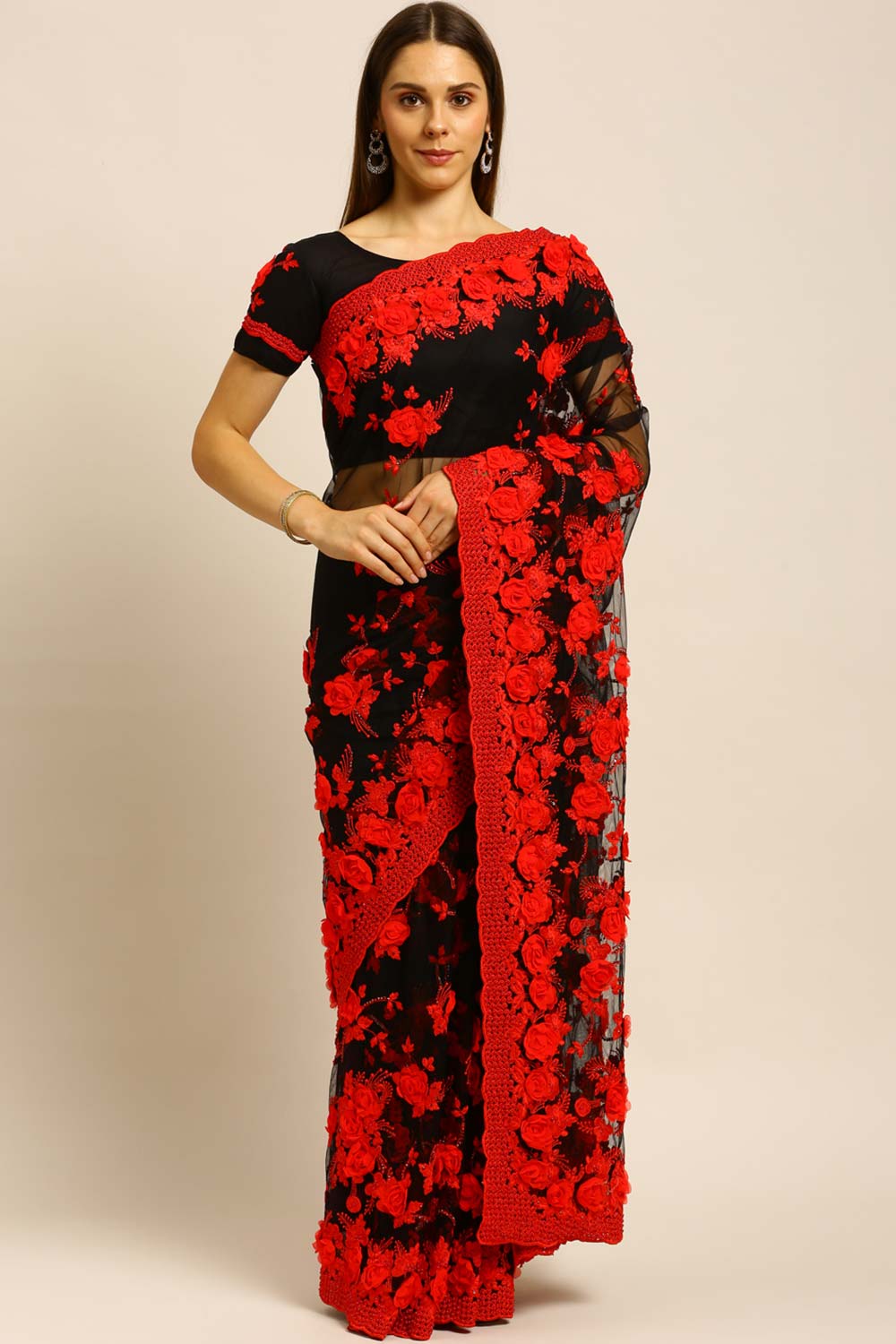 Net Embroidered Saree In Black