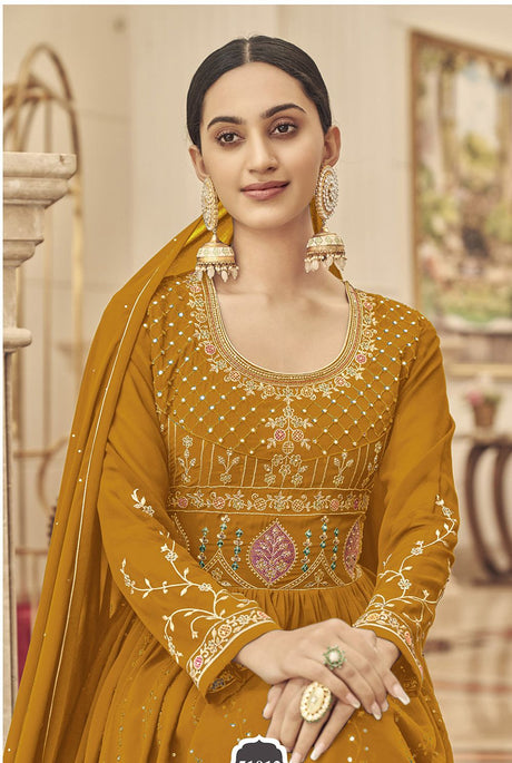 Mustard Georgette Embroidered Ethnic Suits