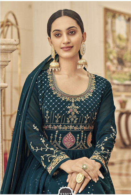 Dark-Teal Georgette Embroidered Ethnic Suits