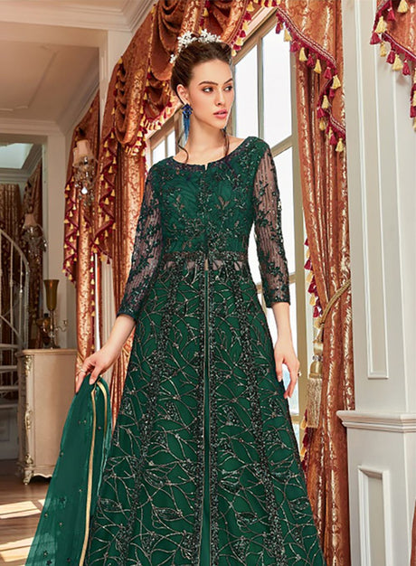 Dark-Green Net Embroidered Anarkali Salwar Kameez