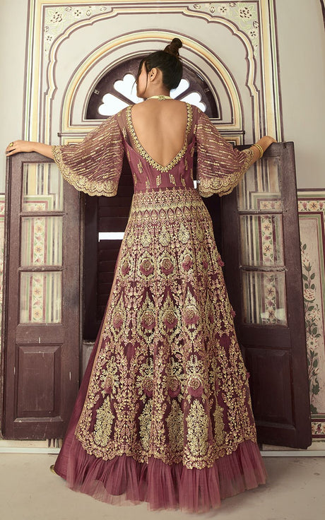 Mauve Net Embroidered Ethnic Suits