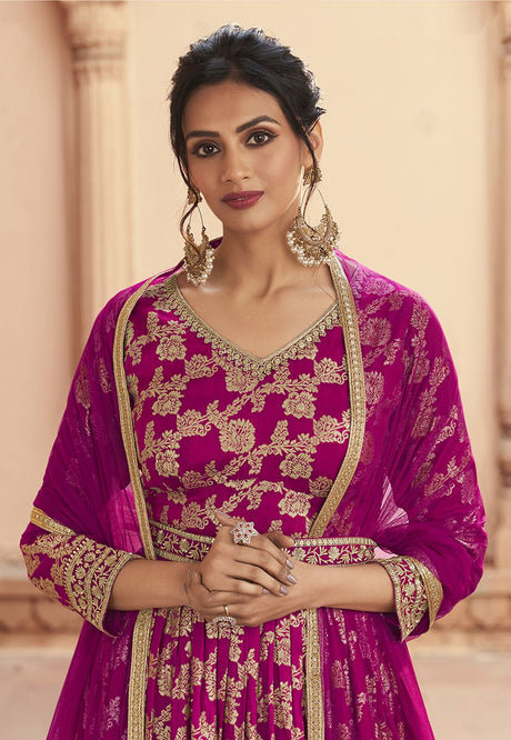 Rani-Pink Dola Silk Jacquard Anarkali Salwar Kameez