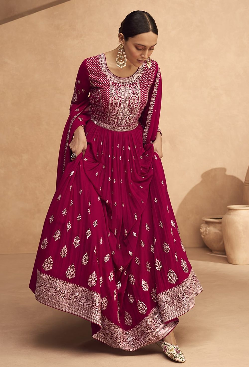 Magenta Georgette Embroidered Ethnic Suits