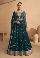 Dark-Aqua-Blue Georgette Embroidered Ethnic Suits