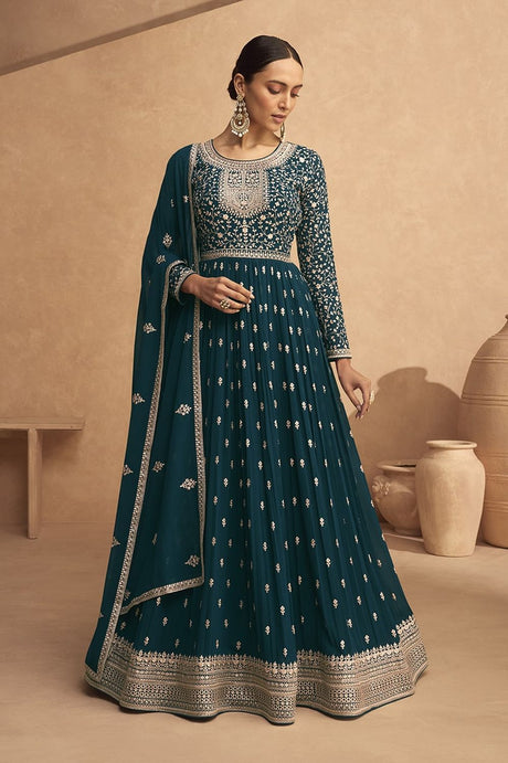 Dark-Aqua-Blue Georgette Embroidered Ethnic Suits