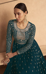 Dark-Aqua-Blue Georgette Embroidered Ethnic Suits