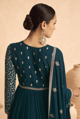 Dark-Aqua-Blue Georgette Embroidered Ethnic Suits