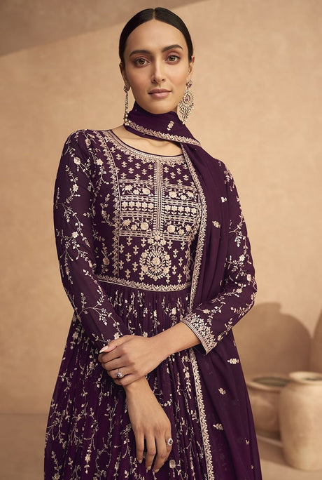 Purple Georgette Embroidered Ethnic Suits