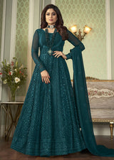 Dark-Aqua-Blue Georgette Embroidered Anarkali Salwar Kameez