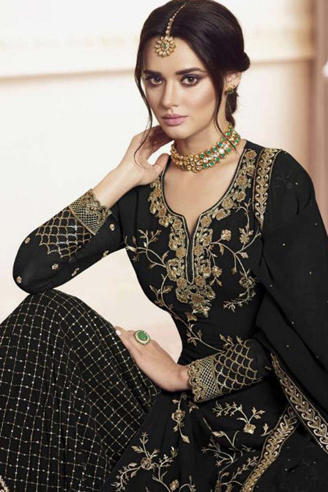 Faux Georgette Embroidered Anarkali Suit Set in Black